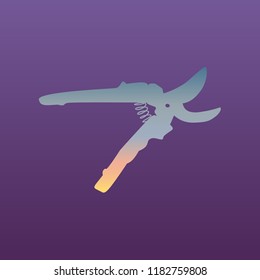 Garden scissors sign. Vector. Evening gradient icon at violet background.