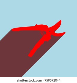 Garden scissors sign. Vector. Red flat icon with infinte wine shadow to left down corner at sky background.