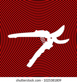 Garden scissors sign. Vector. White icon on red and black radial pattern as background. Isolated.