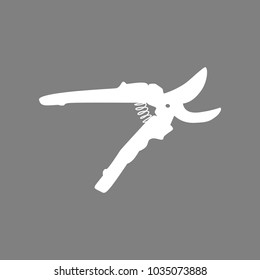 Garden scissors sign. Vector. White icon on medium gray background. Isolated.