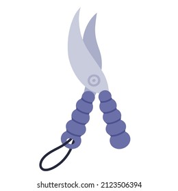 Garden scissors vector icon. Hand drawn illustration isolated on white backdrop. Metal pruner for cutting plants. Farm tool with sharp blades, striped handles on a string. Flat cartoon style