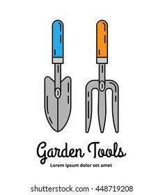 Garden scoop and hand cultivator colorful icons. Line art design concept. Farming equipment symbols. Can be used as a garden shop or horticultural market logo. EPS 10 isolated vector illustration.
