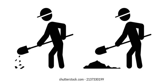 Garden Scoop Stickman, Stick Figure Man With Scoop For Digging. Vector Icon Or Pictogram. Garden Tools. Plant Hand Spade Logo. Builder Or Construction Worker With Safety Helmet. Road Work