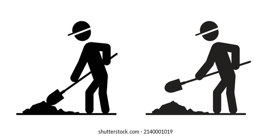 Garden scoop Stickman, stick figure man with scoop for digging. Vector icon or pictogram. Gardenering tools. Plant hand spade logo. Builder or construction worker with safety helmet. Road work. 