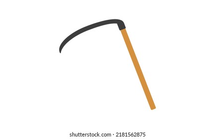 Garden scythe flat icon for web. Simple scythe sign vector design. Scythe with wooden handle web icon isolated on white background. Sickle or scythe clipart logo. Garden tools and farmhouse clipart