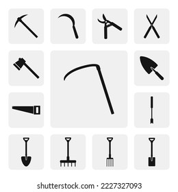 Garden scythe flat web icon. Simple scythe sign web icon silhouette. Scythe solid black icon vector design. Sickle or scythe logo. Garden tools and farmhouse icon set