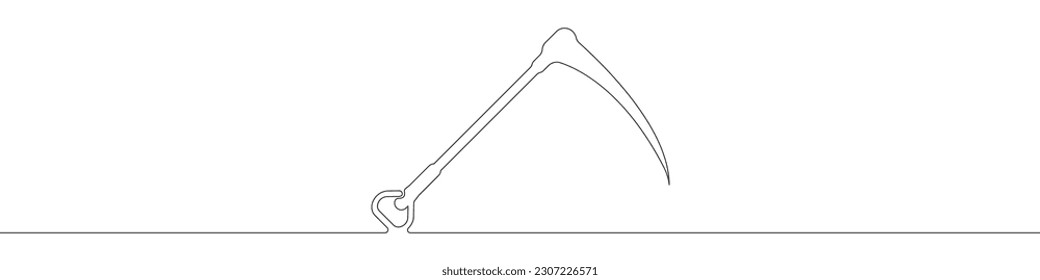Garden scythe line continuous drawing vector. One line Garden scythe vector background. Garden scythe icon. Continuous outline of a Garden scythe. Black linear outline Gardens scythes design.