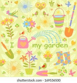 Garden seamless background. Vector floral summer pattern. Watering can, birds, flowers, gardening tools.