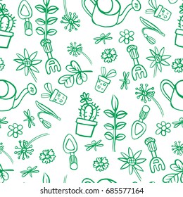 Garden seamless background. Vector floral summer pattern. Watering flowers, gardening tools