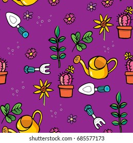 Garden seamless background. Vector floral summer pattern. Watering flowers, gardening tools