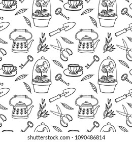 Garden seamless hand drawing pattern on green background