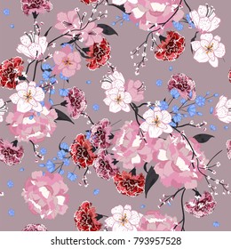 Garden. Seamless oriental pattern with blooming motifs. Blooming summer poppies, leaves and many kind florals. Vintage textile collection. Colorful on pink