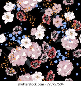 Garden. Seamless oriental pattern with blooming motifs. Blooming summer poppies, leaves and many kind florals. Vintage textile collection. Colorful on dark 