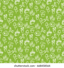 Garden seamless pattern - bird, flowers, trees and bushes seamless texture. Summer plants tree, vector illustration