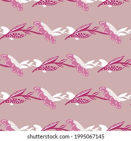 Garden seamless pattern with doodle field flowers shapes. Lilac background. Creative flora shapes. Decorative backdrop for fabric design, textile print, wrapping, cover. Vector illustration.