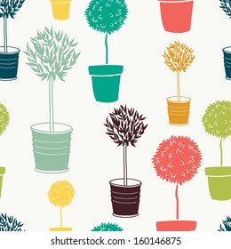 Garden seamless pattern with doodle potted trees.