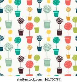Garden seamless pattern with doodle potted trees.