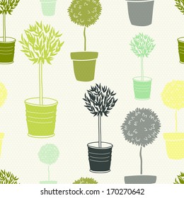 Diseño sin fisuras en el jardín con árboles machacados en el fondo de los puntos de polka.