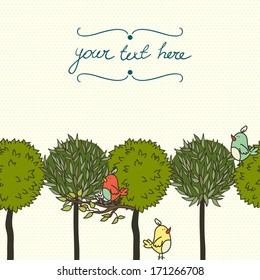 Garden seamless pattern with doodle trees and birds on polka dot background and place for the text.