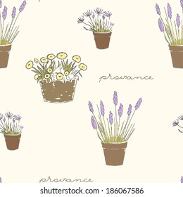Garden seamless pattern with hand drawn potted flowers. Provance style.