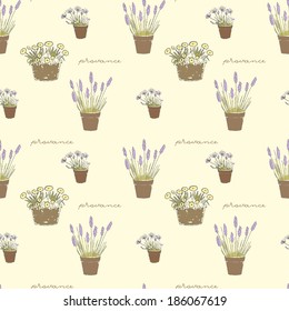 Garden seamless pattern with hand drawn potted flowers. Provance style.