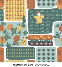Garden seamless pattern with the harvest. Beds with carrots, cabbage, pumpkin, radishes, corn and etc. Vector background. 