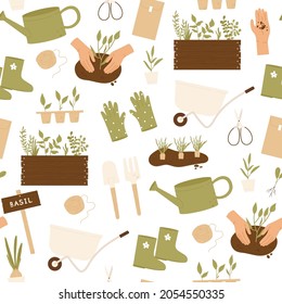 Garden seamless pattern. Pattern of tools and equipment for gardening. Farm, gardening, agriculture hobby concept. Vector illustration in cartoon style. Isolated on white background. 