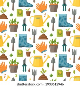 Garden seamless pattern with tools and plants. Gardening or horticulture concept. Design for print, packaging, wallpaper, textil. Vector illustration.