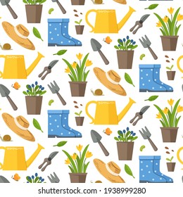 Garden Seamless Pattern With Tools And Plants. Gardening Or Horticulture Concept. Design For Print, Packaging, Wallpaper, Textil. Flat Vector Illustration.