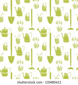 Garden seamless pattern with watering can, spade and spring flowers. Vector background.