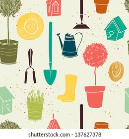 Garden seamless pattern with watering can, spade, rubber boots, olive tree, birdhouse, hat, tree in a pot and spring flowers. Vector background.