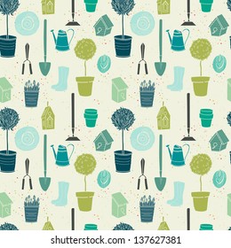 Garden seamless pattern with watering can, spade, rubber boots, olive tree, birdhouse, hat, tree in a pot and spring flowers. Vector background.