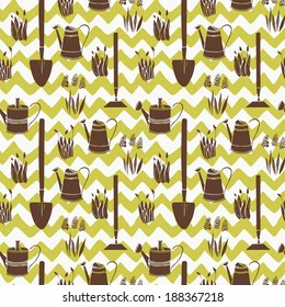 Garden seamless pattern with watering can, spade and spring flowers on doodle hand drawn chevron background.