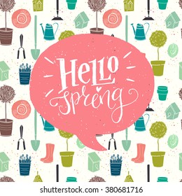 Garden seamless pattern with watering can, spade, rubber boots, olive tree, birdhouse, hat, tree in a pot and spring flowers. Fun doodle style 'Hello Spring' hand lettering in a speech bubble.