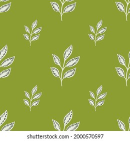 Garden seamless pattern with white doodle leaf ornament. Light green background. Herbal elements. Flat vector print for textile, fabric, giftwrap, wallpapers. Endless illustration.