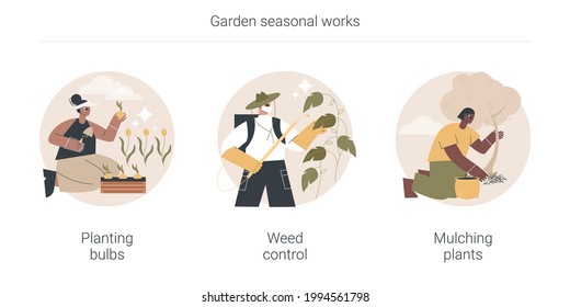 Garden seasonal works abstract concept vector illustration set. Planting bulbs, weed control, mulching plants, flower bed, soil processing, herbicide and pesticide, wood chips abstract metaphor.