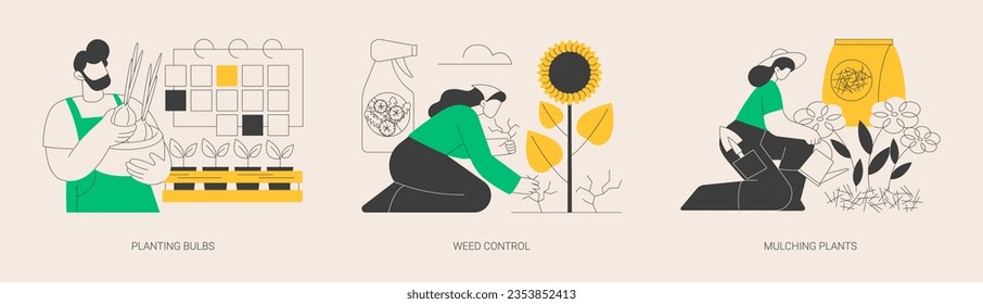 Garden seasonal works abstract concept vector illustration set. Planting bulbs, weed control, mulching plants, flower bed, soil processing, herbicide and pesticide, wood chips abstract metaphor.