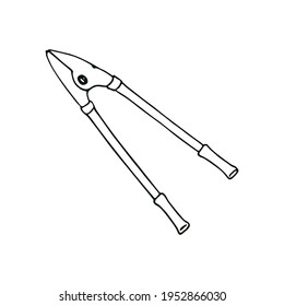 Garden secateur in doodle style. Gardening tools. Template for postcard, banner, poster, web design. Hand Drawn vector illustration.