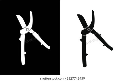 Garden secateur icon vector illustration. Icon of pruning shears, garden hand pruners, pruning scissors, garden scissors. Gardening concept. Hand holding secateurs to cut twigs and branches.