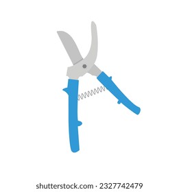 Garden secateur vector illustration. Blue pruning shears, garden hand pruners, pruning scissors, garden scissors. Gardening concept. Hand holding secateurs to cut twigs and branches. 