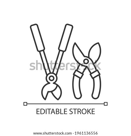 Garden secateurs linear icon. Bypass loppers. Hedge trimmers. Pruning trees, shrubs and shears. Thin line customizable illustration. Contour symbol. Vector isolated outline drawing. Editable stroke