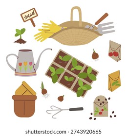 Garden seedling kit with pots, gloves, seeds and watering can. Spring planting vector illustration isolated on white. Perfect for agriculture and hobby gardening themes.