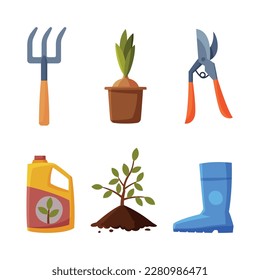 Garden with Seedling, Rubber Boot, Pruner, Fork, Plant and Fertilizer Vector Set
