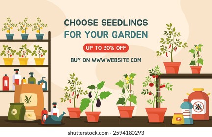 Garden seedling store sale promotion web banner. Young plant in pot, fertilizer bag, watering can and gardening tools on shelves. Discount for gardeners. Farm market advertisement. Vector illustration