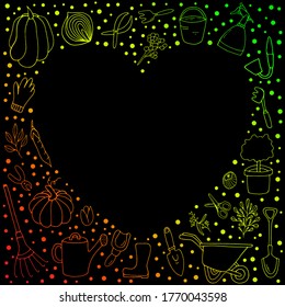 Jardín. Elementos separados para la jardinería. Estilo Doodle. Ilustración aislada de vectores con una pala, cubeta, guantes, rastrillo, planta, carro, tijeras, verduras sobre un fondo blanco. Elementos de jardín.