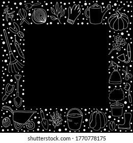 Garden. Separate elements for gardening. Doodle style.  Garden elements.Vector isolated illustration with a shovel, bucket, gloves, rake, plant, cart, scissors, vegetables on a black background.