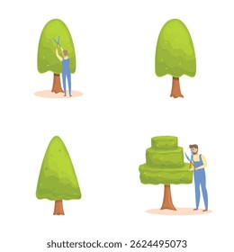 Garden service icons set cartoon vector. Professional gardener with various tool. Backyard landscaping