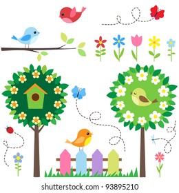 Garden set with birds, blooming trees, flowers and insects.