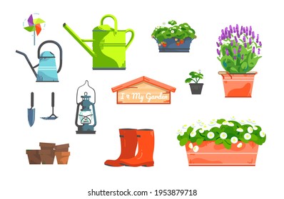 Garden set of blooming lavender, strawberry in pots, watering can, red rubber boots, lamp, wooden house sing and tools for home gardening at the backyard or balcony. Vector illustration