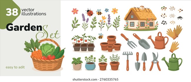 Garden set. Collection of gardening tools, plants, seedlings and farmhouse. Spring garden elements for farming, planting, home gardening and decor. Flat vector illustration isolated on white background.